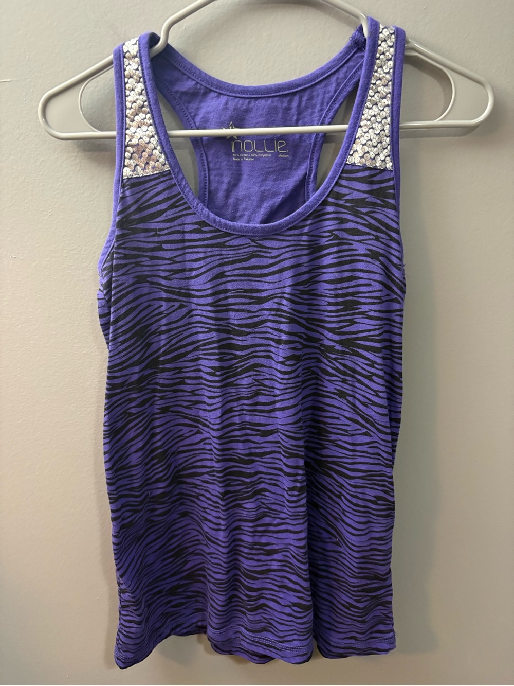 Nollie Purple Zebra-Print Tank with Sequin-Embellished Shoulders